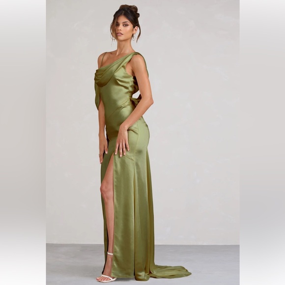 CLUB L LONDON JAYNE OLIVE SATIN ASYMMETRIC DRAPED SPLIT MAXI DRESS - Picture 4 of 6